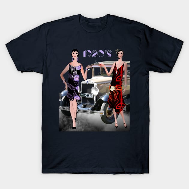 Roaring 20’s flappers with Vintage White Car T-Shirt by STYLISH CROWD TEES